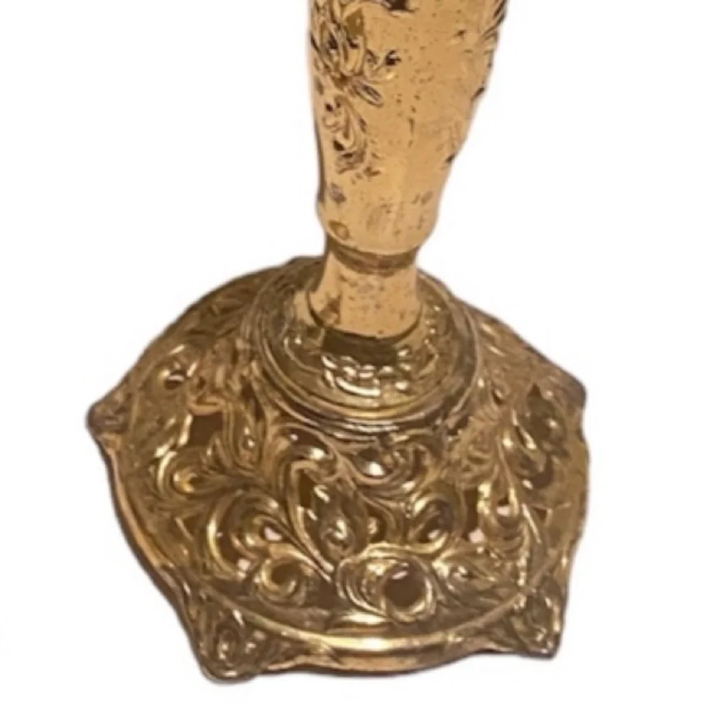 Vintage Candlesticks Set Candle Holders Ornate Cast Metal Brass Gold Filigree